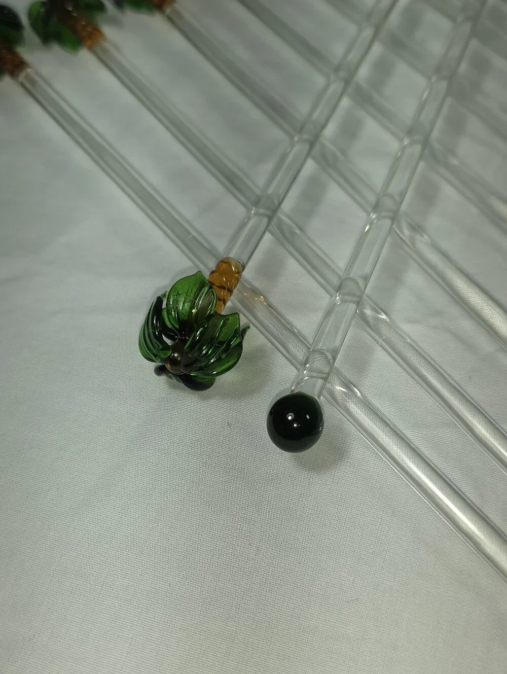 Vintage Hand Blown Glass Palm Tree Cocktail Stir Sticks Tiki Barware Set of 10